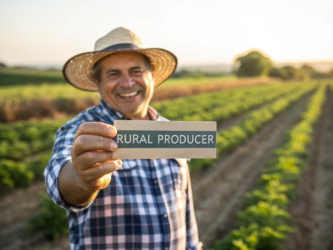 Imagem de um cartão produtor rural em mãos de um agricultor em um campo, representando o serviço de emissão do cartão.